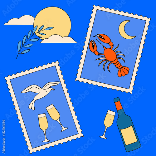 Italian summer vacation placards, poster or cards with doodle style illustrations. Vector ink sketch hand drawn Italy or Greek coast sea, wine, lobster and lemons print elements for invitation card