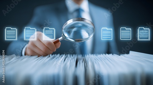 Man holding a magnet over a stack of books while searching for business documents and important files to organize