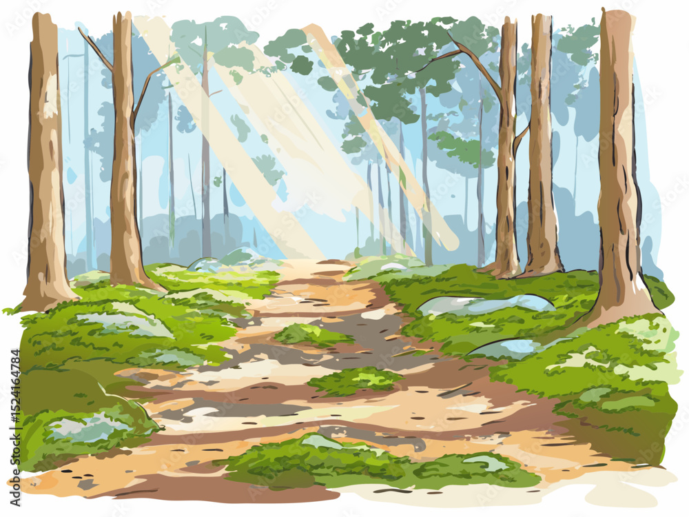 Naklejka premium Lush forest path illuminated by sunlight through tall trees 