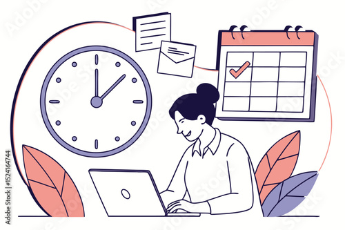 Cartoon vector illustration of a doctor at a desk with a clock and laptop, ideal for business and technology-related medical work