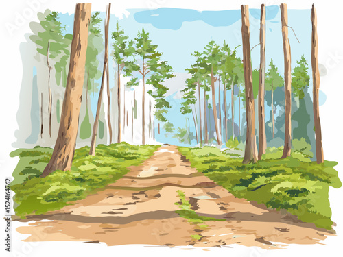 Forest pathway with trees and greenery under a blue sky  