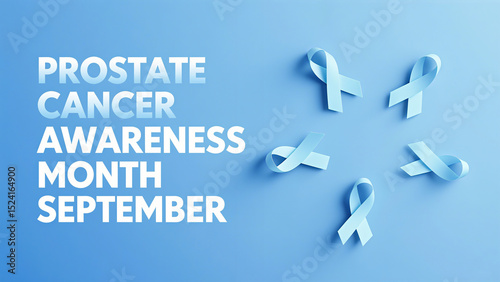 Multiple light blue ribbons and prostate cancer monthly text, advocating for prostate cancer prevention and treatment, group care concept, public welfare promotion, and health science popularization.
