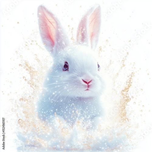 White rabbit surrounded by a splash with golden elements flying outward in different directions, set against a white background.