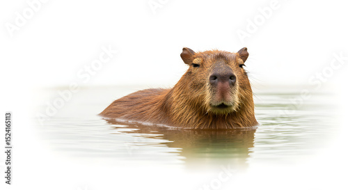 穏やかな水面を漂うカピバラ 優しい光を浴びて静かに佇む This translates roughly to: 