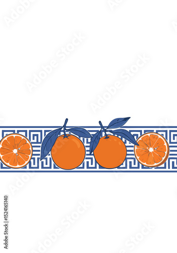 Decorative orange pattern with blue Greek key design elements  
