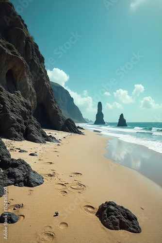 Eerie, otherworldly beach scene Distorted, swirling sand, unusual rock formations, and an unsettlingly still ocean under a peculiar sky A truly bizarre and unforgettable landscape , color, weird