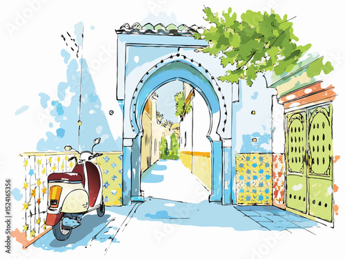 Colorful street scene with scooter and archway in a serene town  