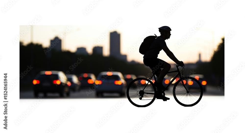 Fototapeta premium Commuter Cyclist Silhouette Against a Blurry City Traffic Background at Dusk, Highlighting Urban Mobility and Sustainable Transport.