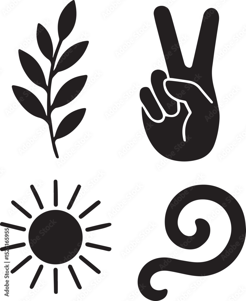 Fototapeta premium A Clipart icon set like, leaf, victory, sun and swirl