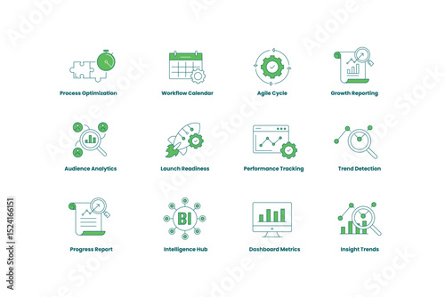 Business Intelligence and Analytics Icon Set. Process Optimization, Agile Cycle, Workflow Calendar, Trend Detection, Dashboard Metrics