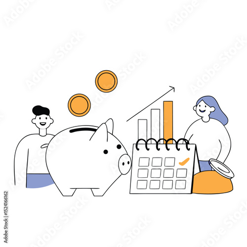 Colorful vector illustration of a piggy bank with falling coins