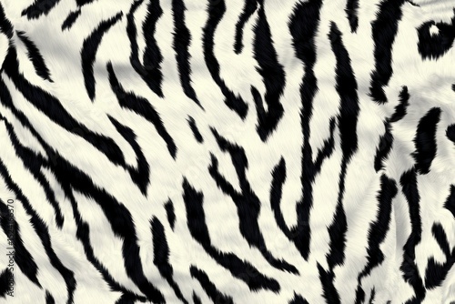White tiger skin texture with copy space. Close-up white tiger pattern. Big Cat fur. Tiger stripes. Realistic white tiger skin. White tiger design texture. Detailed white tiger skin close-up. 