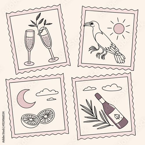 Italian summer vacation placards, poster or cards with doodle style illustrations. Vector ink sketch hand drawn Italy or Greek coast sea, wine, lobster and lemons print elements for invitation card