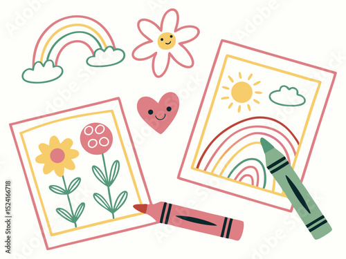 Kids Art – Crayon Drawings, Cutouts, and Clay Figures Vector