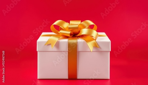 A delicately wrapped present, a pale pink box adorned with a vibrant gold ribbon and bow, sits against a rich crimson backdrop, symbolizing celebration and gifting