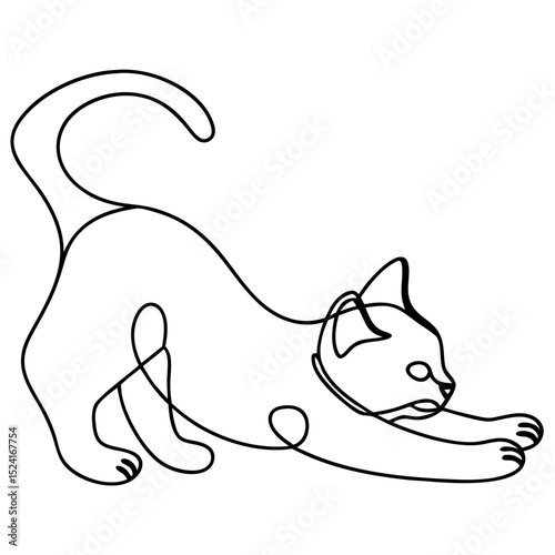Playful cat stretching in one line drawing style. Kitten in dynamic pose, perfect for pet adoption posters or playful cat themed designs.