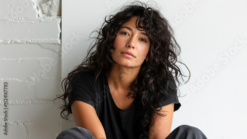 A woman is smiling and posing for a picture. She is wearing a black shirt.
