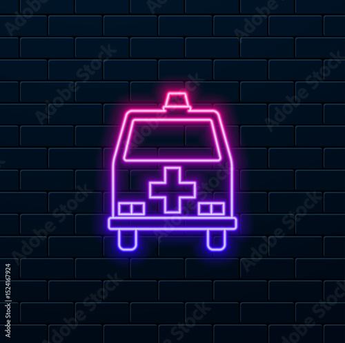 ambulance emergency car. neon style. Hospital transport vehicle sign. Medical symbol. Quality design element. classic style cone.