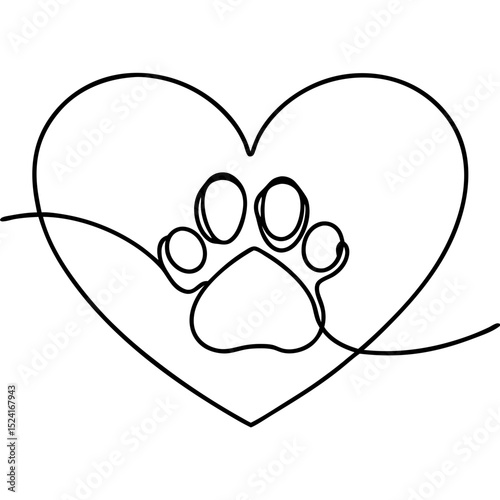 Paw print inside heart. Lovely pet paw print in heart shape. Simple line art design perfect for pet adoption posters, animal shelter brochures, and veterinary clinic marketing materials.