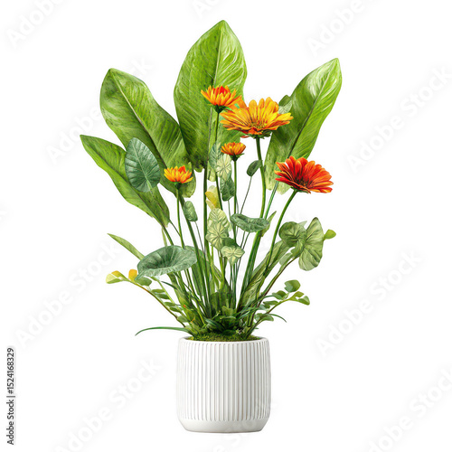 Lush Indoor Plant Arrangement with Vibrant Orange and Yellow Flowers in a White Ceramic Pot for Home or Office Decor