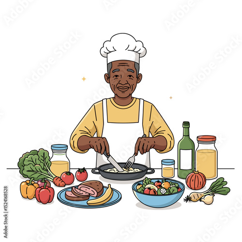 Elderly chef cooking with fresh ingredients in a bright kitchen
