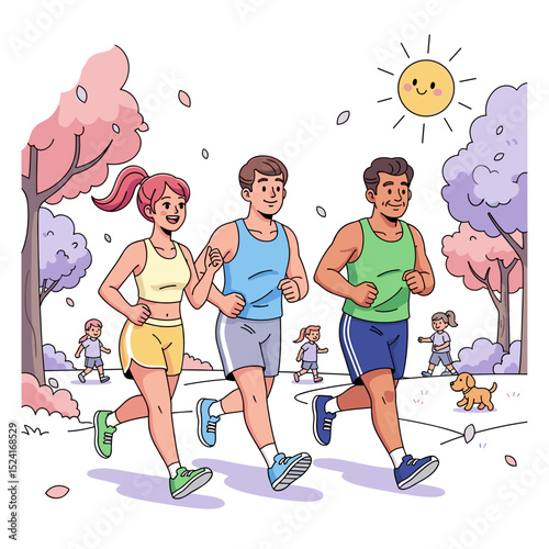 Three people jogging together in a sunny park with trees  