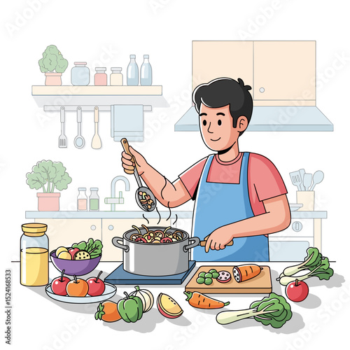 Young man cooking in the kitchen while preparing healthy meal  