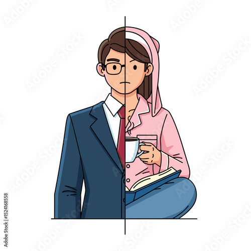 Two halves of person: one in business suit, the other in pajamas with coffee and book, Work-life balance  
