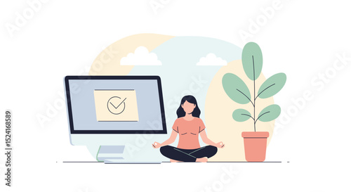 Young woman meditating beside computer and potted plant in office, Work-life balance  