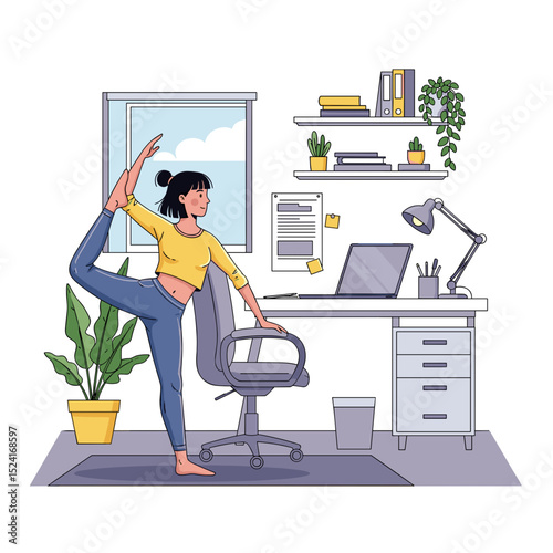 Woman stretching while working at home office desk with plants, Work-life balance  