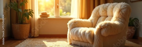 A fluffy, plush armchair bathed in warm sunlight, inviting and cozy, perfect for relaxation and quiet contemplation The ideal spot for unwinding and finding inner peace , furniture, calm, happiness