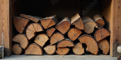 Rustic firewood stacked neatly within a sturdy wooden frame, ready for winter Perfect for cozy home decor, fireplace themes, and sustainable energy concepts , warmth, pattern