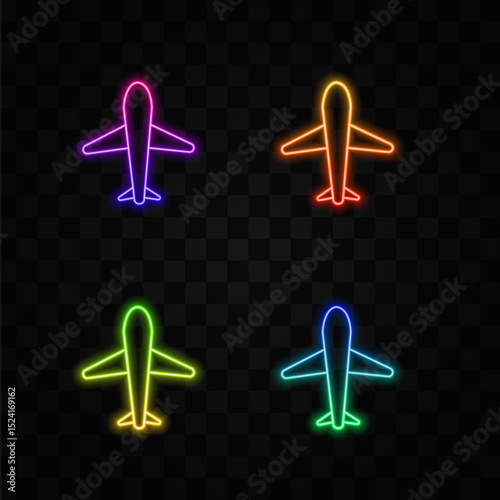 Civil aviation travel passenger plane vector illustration. neon style.