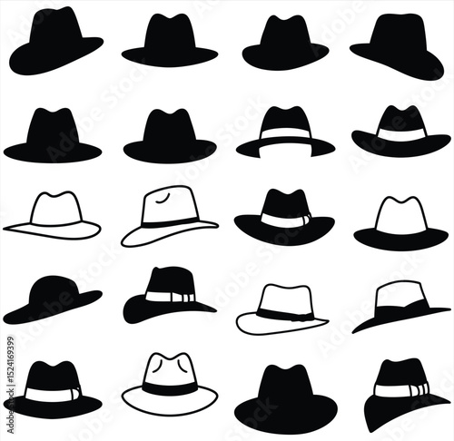 Elegant vector collection of classic fedora and trilby hats, featuring diverse silhouettes and outline designs. This illustration set is perfect for gentleman's fashion, vintage and lifestyle.