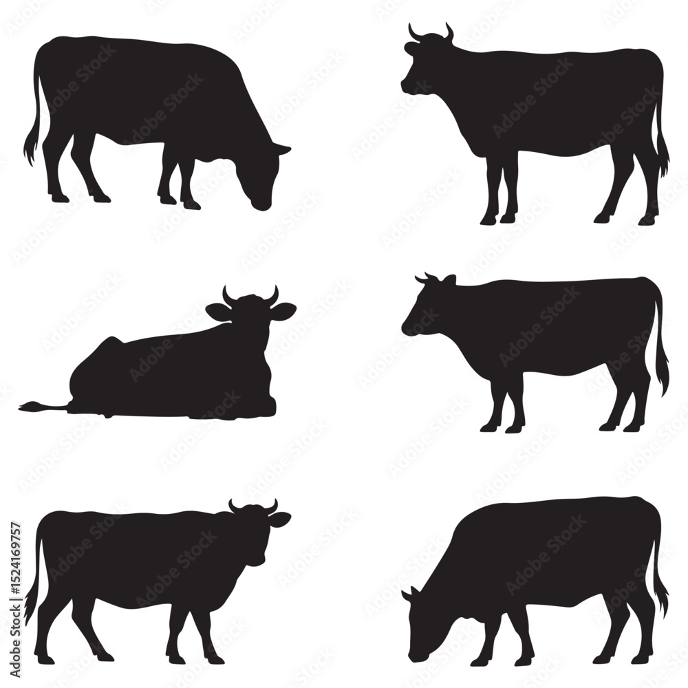 Fototapeta premium Cow and Bull Silhouette Vector Collection – Black Farm Animal Clipart in Standing, Grazing and Sitting Poses on White Background for Commercial and Branding Use . Thank You .