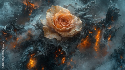 Orange rose amidst fire, water, smoke