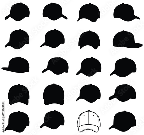 Stylish vector collection of baseball caps and snapbacks, featuring diverse silhouettes and outline designs. This illustration set is perfect for streetwear, sports, fashion, and urban apparel themes.
