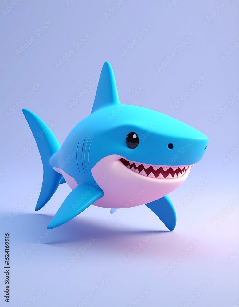 Obraz premium Adorable cartoon-style blue shark with big eyes and a wide smile, designed in a playful and friendly 3D look, perfect for kids or fun ocean-themed designs.