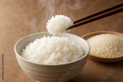 お茶碗に盛られた湯気が立ち上る白米を箸で持ち上げるシーン