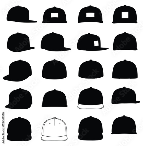 Stylish vector collection of baseball caps and snapbacks, featuring diverse silhouettes and outline designs. This illustration set is perfect for streetwear, sports, fashion, and urban apparel themes.