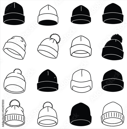 Cozy vector collection of modern beanie hats and knitted caps, featuring diverse silhouettes. This versatile illustration set is ideal for winter fashion, casual wear, outdoor, and apparel designs.