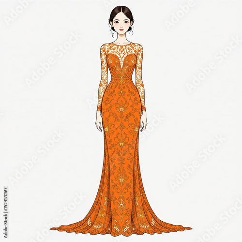 Girl Wearing Orange Maxi Dress With Intricate Floral Lace Patterns Covering, Entire Dress.eps