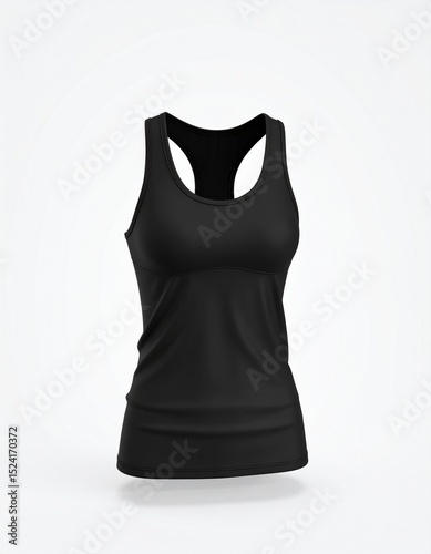 A sleek, black women's athletic tank top with a racerback design, fitted cut, and smooth texture, displayed against a plain white background.