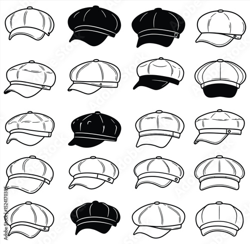 Unique vector collection of classic flat caps and newsboy hats, ideal for diverse design projects. This stylish illustration set features hand-drawn line art headwear, perfect for fashion, lifestyle.