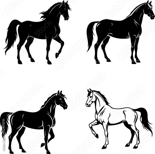 Vector icon set of horses in standing and walking poses
