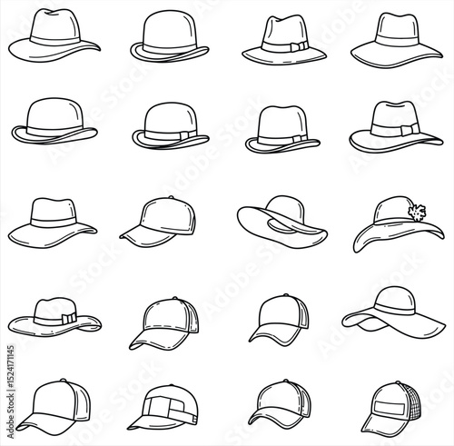 Elegant hand-drawn vector hat collection for diverse designs, featuring various stylish headwear in line art, perfect for fashion, lifestyle, and historical themes in creative projects.