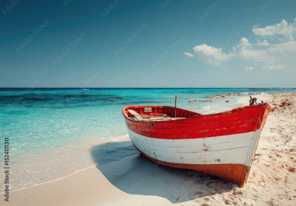 Naklejka premium Red and White Boat on a Tropical Beach with Turquoise Water