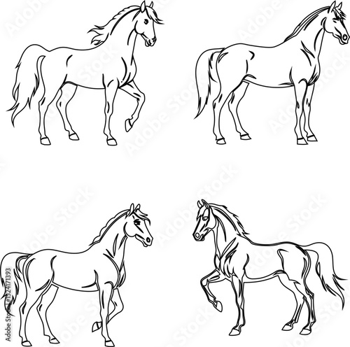 line Vector icon set of horses in standing and walking poses