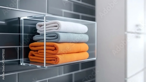 Neatly Folded Towels in a Clear Acrylic Bathroom Shelf Organizer