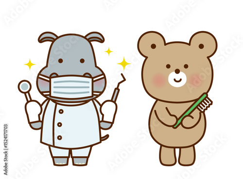歯ブラシを持つくまと歯医者のカバのかわいいイラスト
